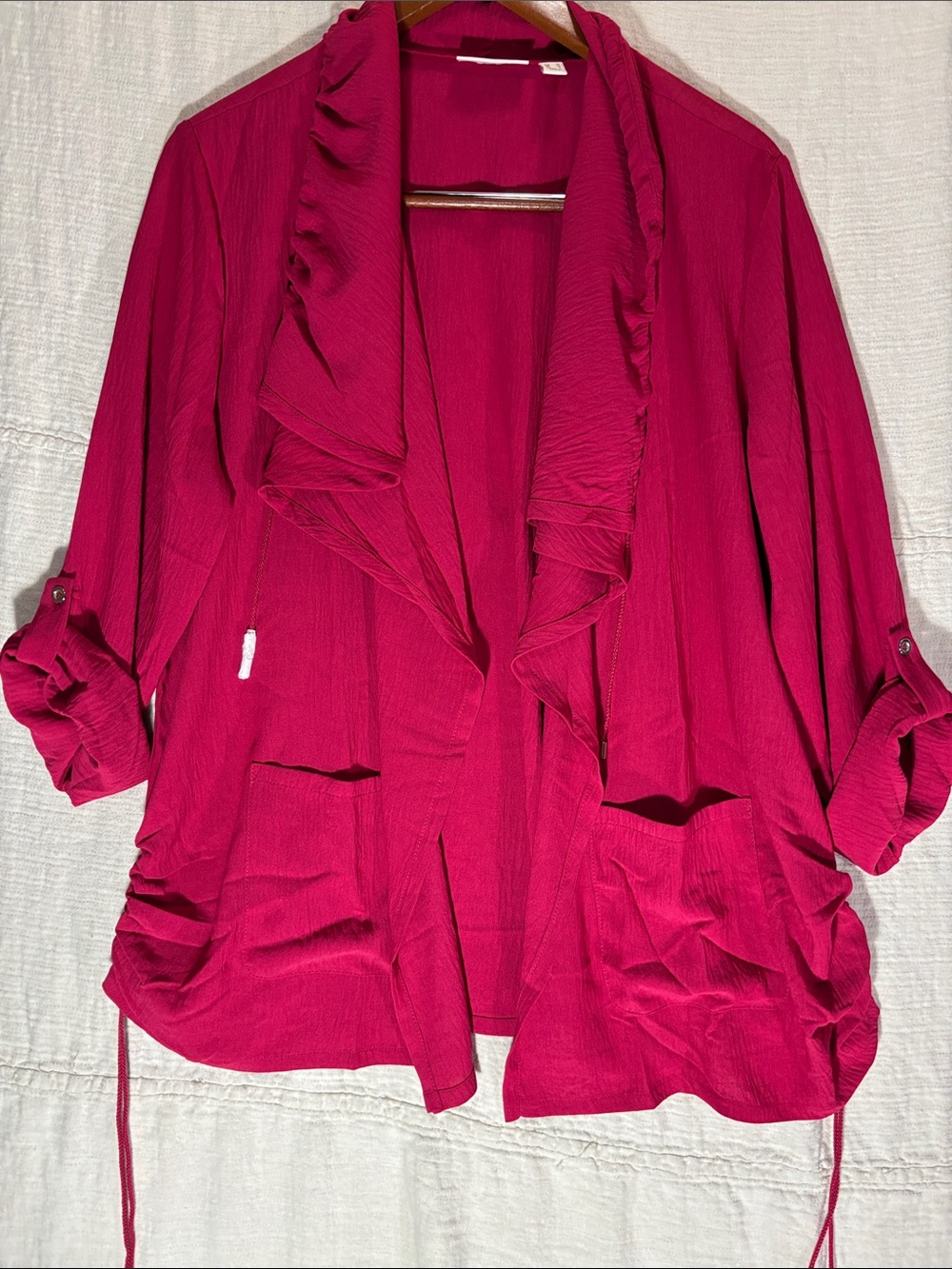 Susan Graver Raspberry Rose Crinkled Woven Drape Front Cardigan NWOT - Picture 10 of 12